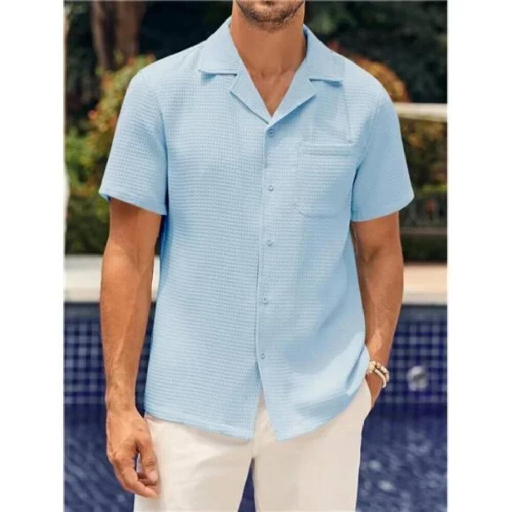 New Mens Waffle Button Down Shirt Light Blue Cuban Loose Fit Short Sleeve Top